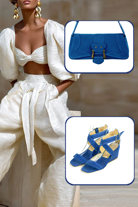 Women's electric blue elegant fully open cross straps sandals. Square toe. Medium wedge heels - Top view